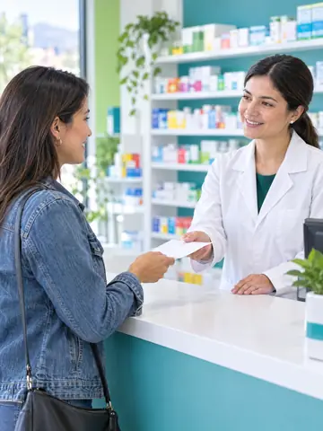 Una clienta entrega su receta a la químico farmacéutica en el mesón