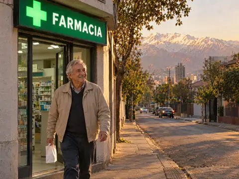 Un hombre sale sonriendo de una farmacia de barrio con su compra