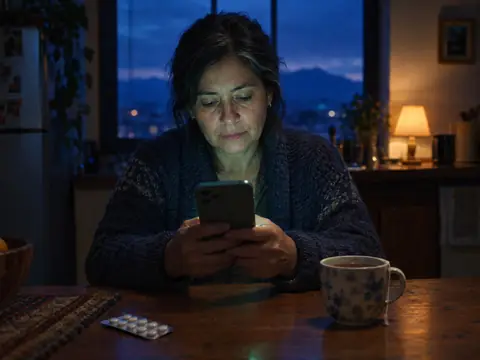 Una mujer revisa en su celular el precio de su medicamento, de noche en su cocina